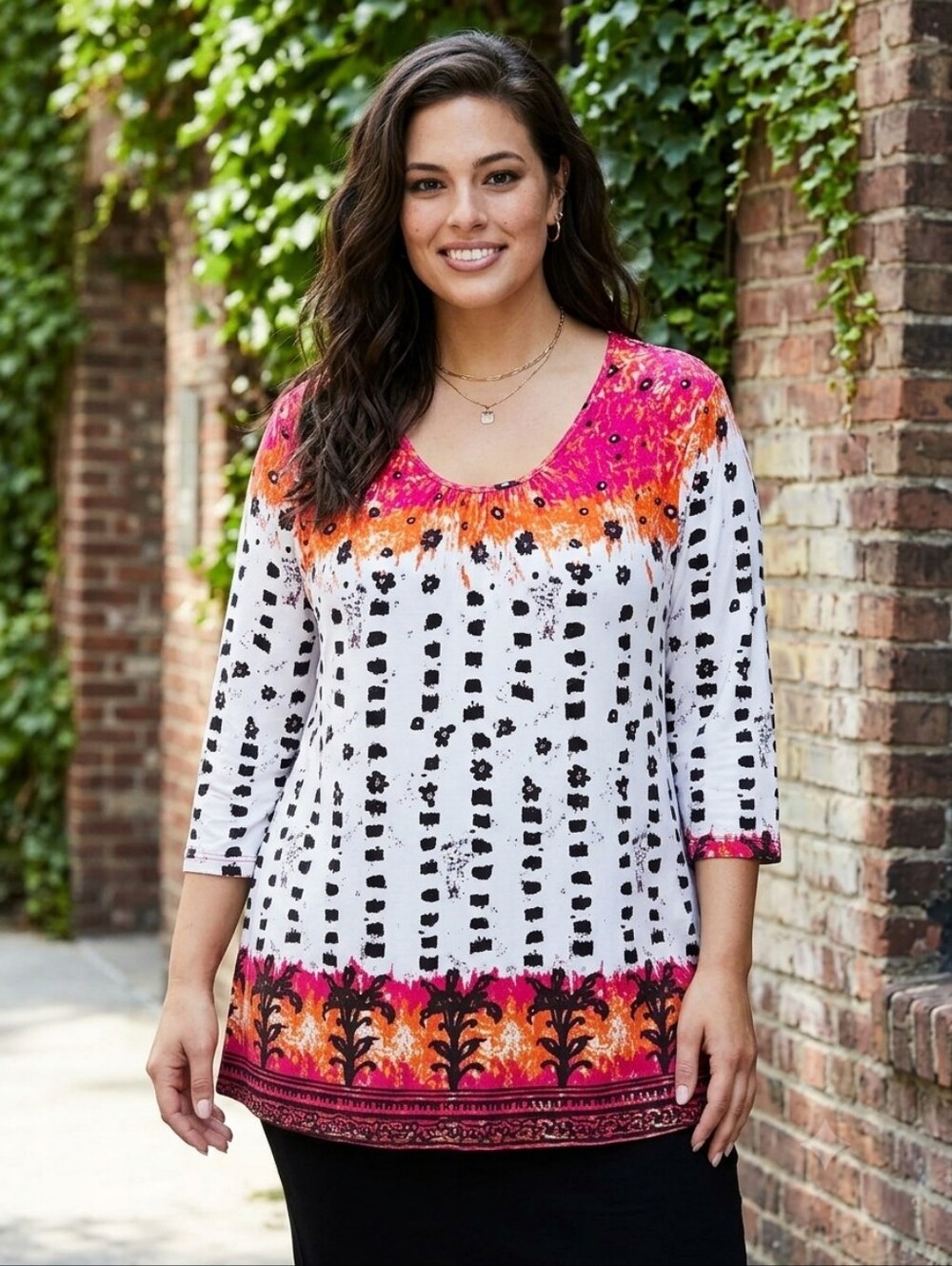CJ Banks Scoop Neck Printed Blouse Orange Plus Size 3X